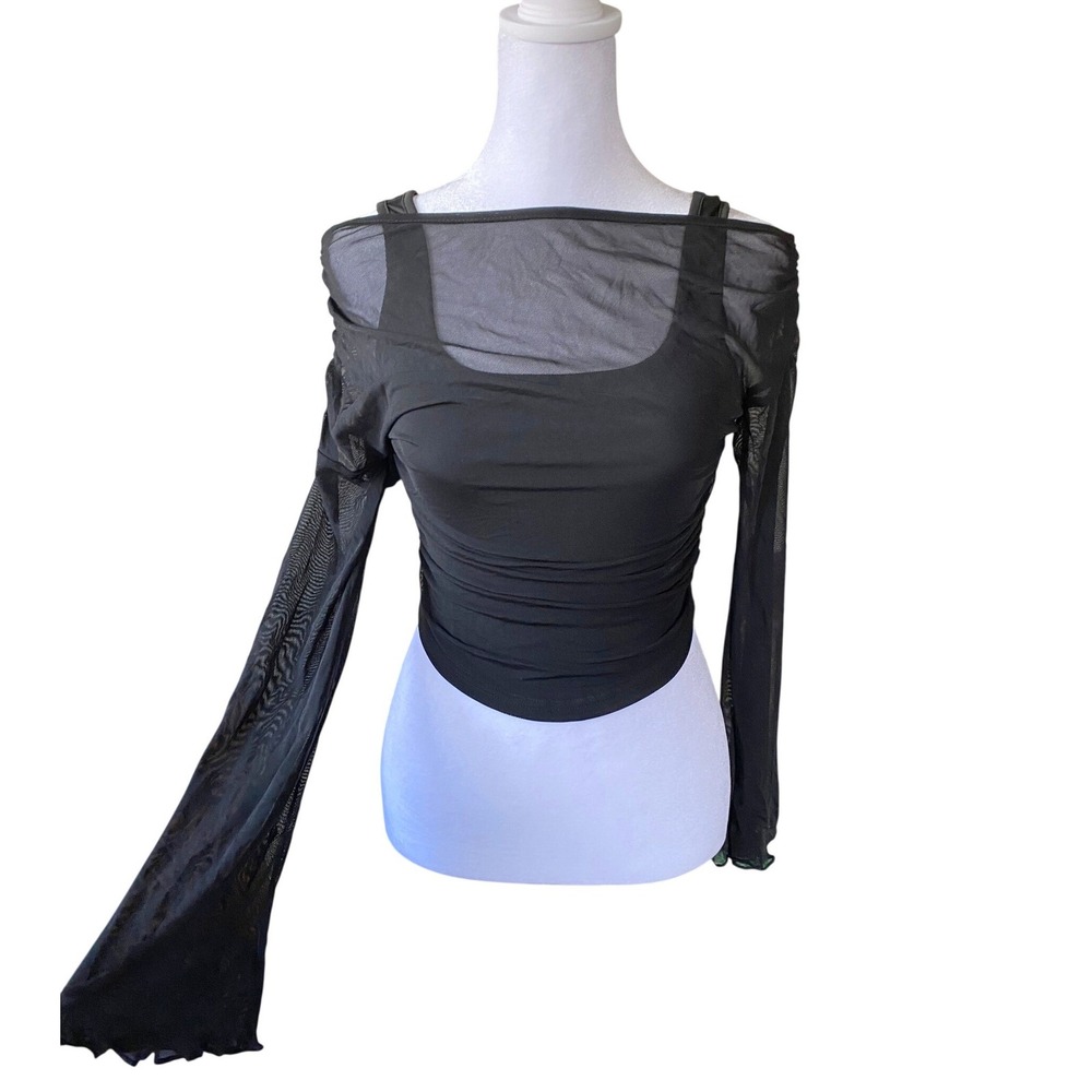 Mesh Sheer Ruched Layered Black Top XS Whimsigoth Ethereal Femme‎ Baddie Sleaze